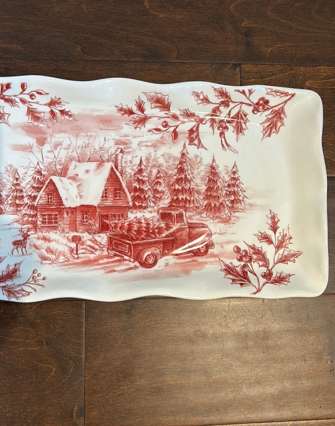 Maxcera vintage style Christmas serving Platter Red Truck Holly Berries Cabin