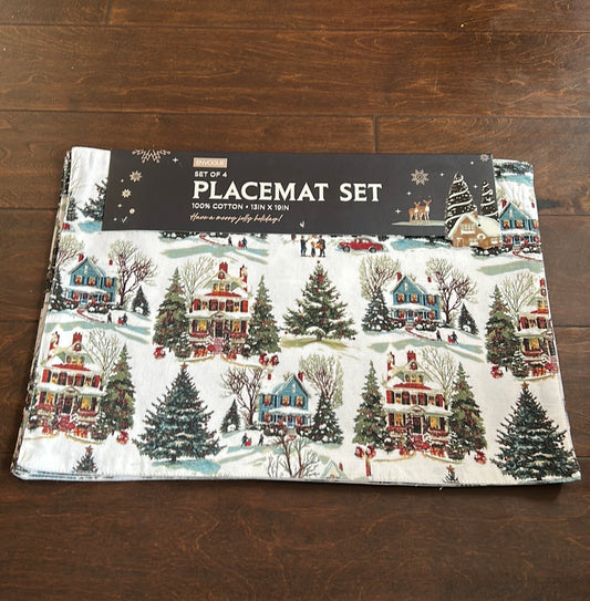 Envogue Christmas Placemats Set Of 4 New Cotton Snow Houses Trees
