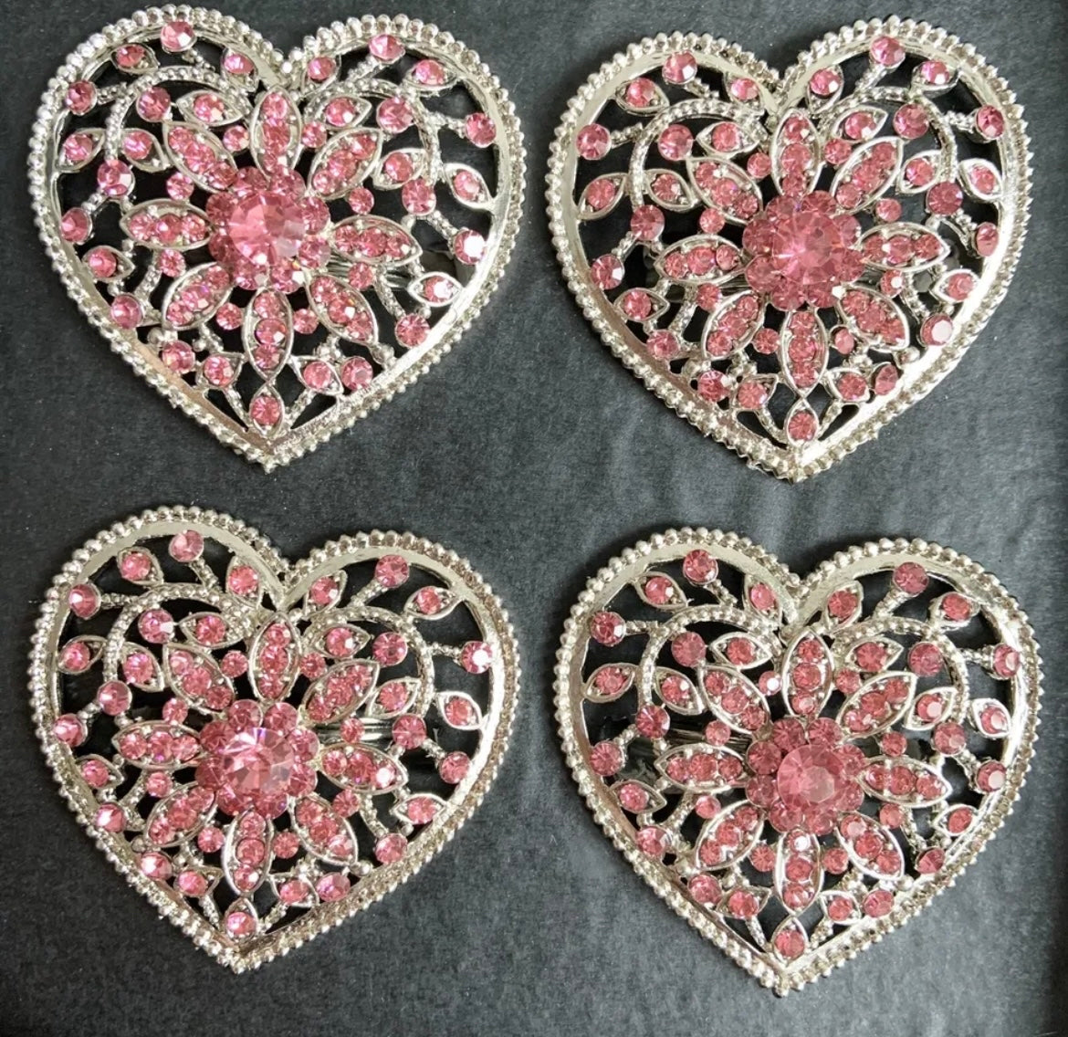 Tahari Home Set of 4 Silver Metal Heart PINK Rhinestone Napkin Rings Valentine