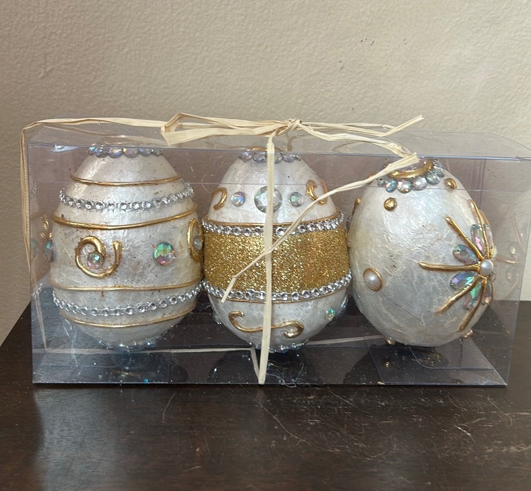 Easter Embellished EGG Jewel Capiz Egg Tabletop 5" Set of 3 Beige Gold