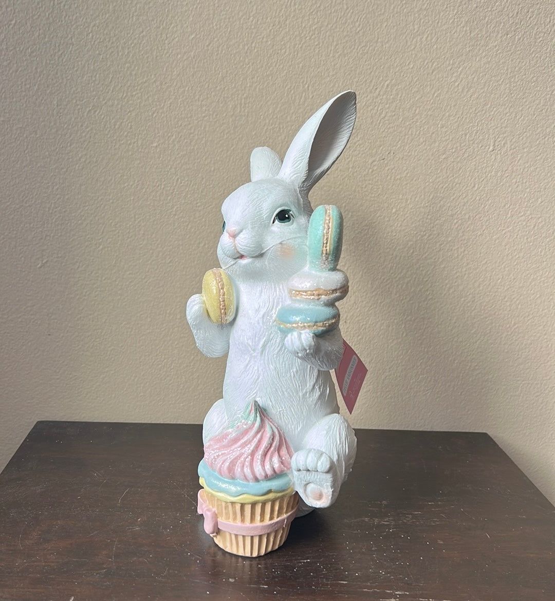 New Bunny Rabbit With Pastel Macaroons & Cupcake Tabletop White Easter 11 3/4”