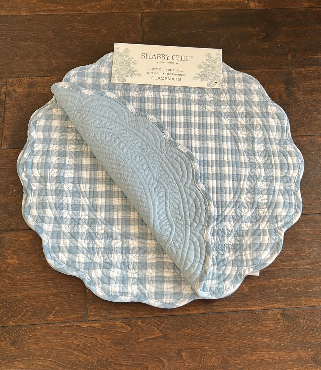 Shabby Chic 4 Scalloped Gingham Reversible Plaid Blue Quilted Placemats New