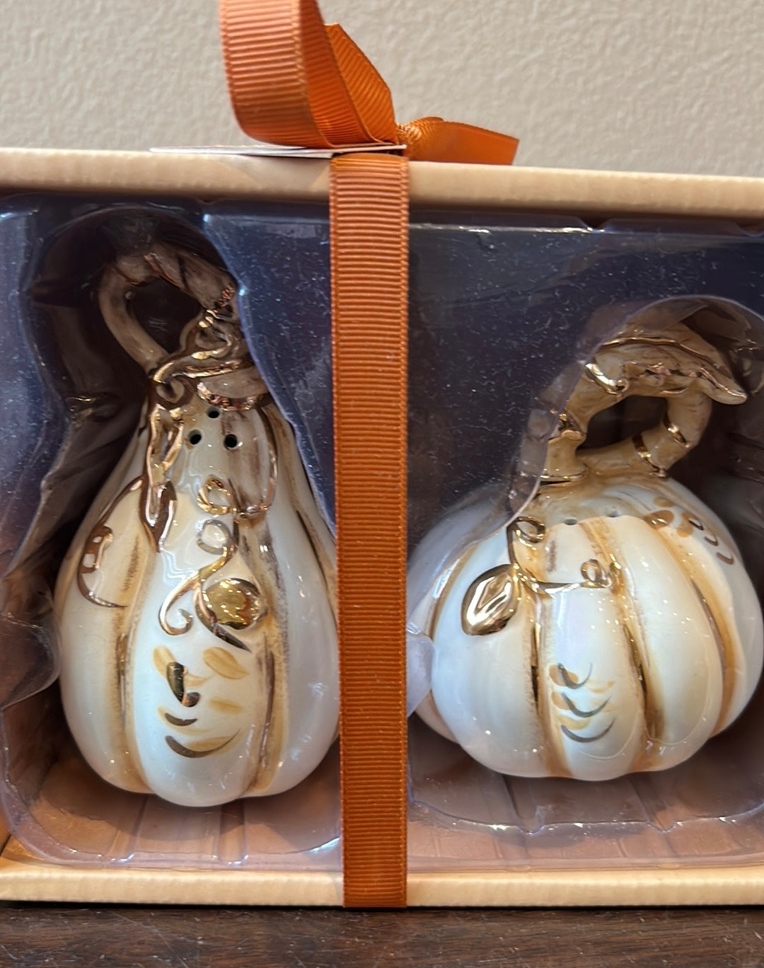 Blue Sky Clayworks Golden Off White Gold Pumpkin Salt & Pepper Shakers