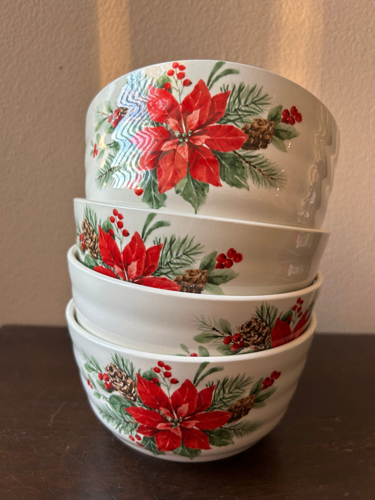 Maxcera 4 Salad Bowls Ceramic Round Scalloped Poinsettia Pine Christmas New