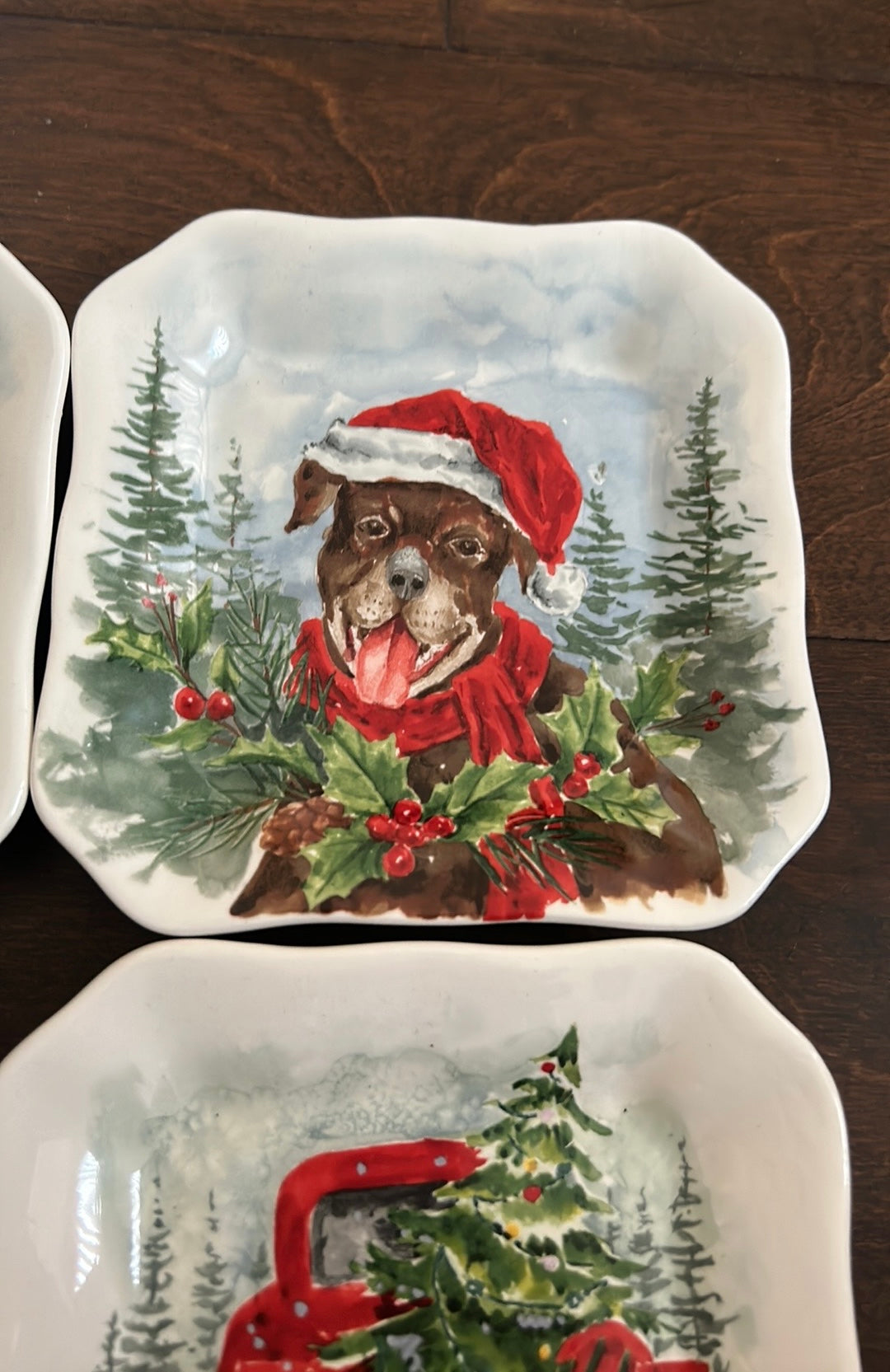 Maxcera Set Of 4 Christmas Appetizer Plates New Dogs Evergreen Trees