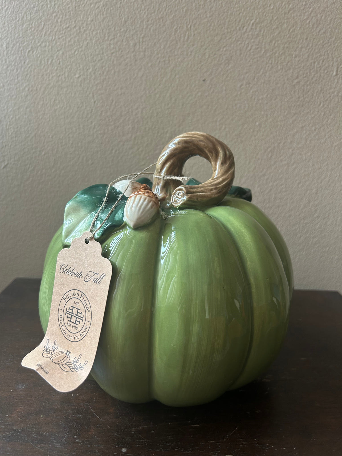 Fitz & Floyd Ceramic Pumpkin  Green Acorn New Thanksgiving Decor