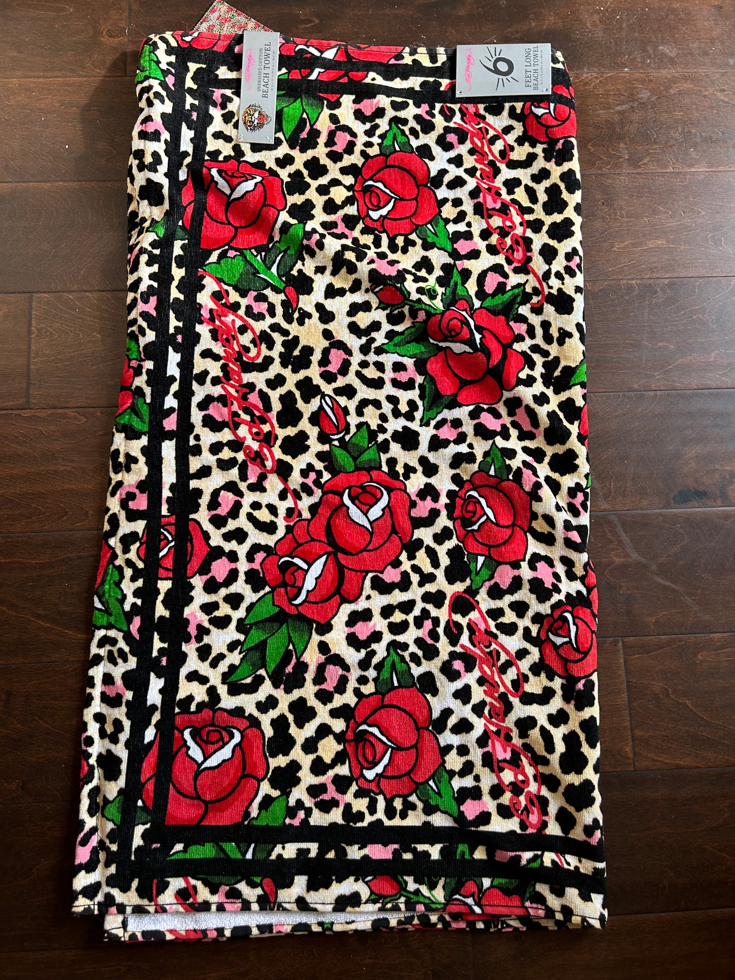 Ed Hardy Beach Towel Brand New 36”x72” Leopard Print Roses