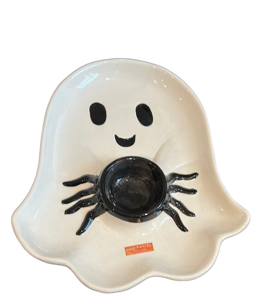 New Ceramic Ghost & Spider Chip & Dip Platter New Halloween