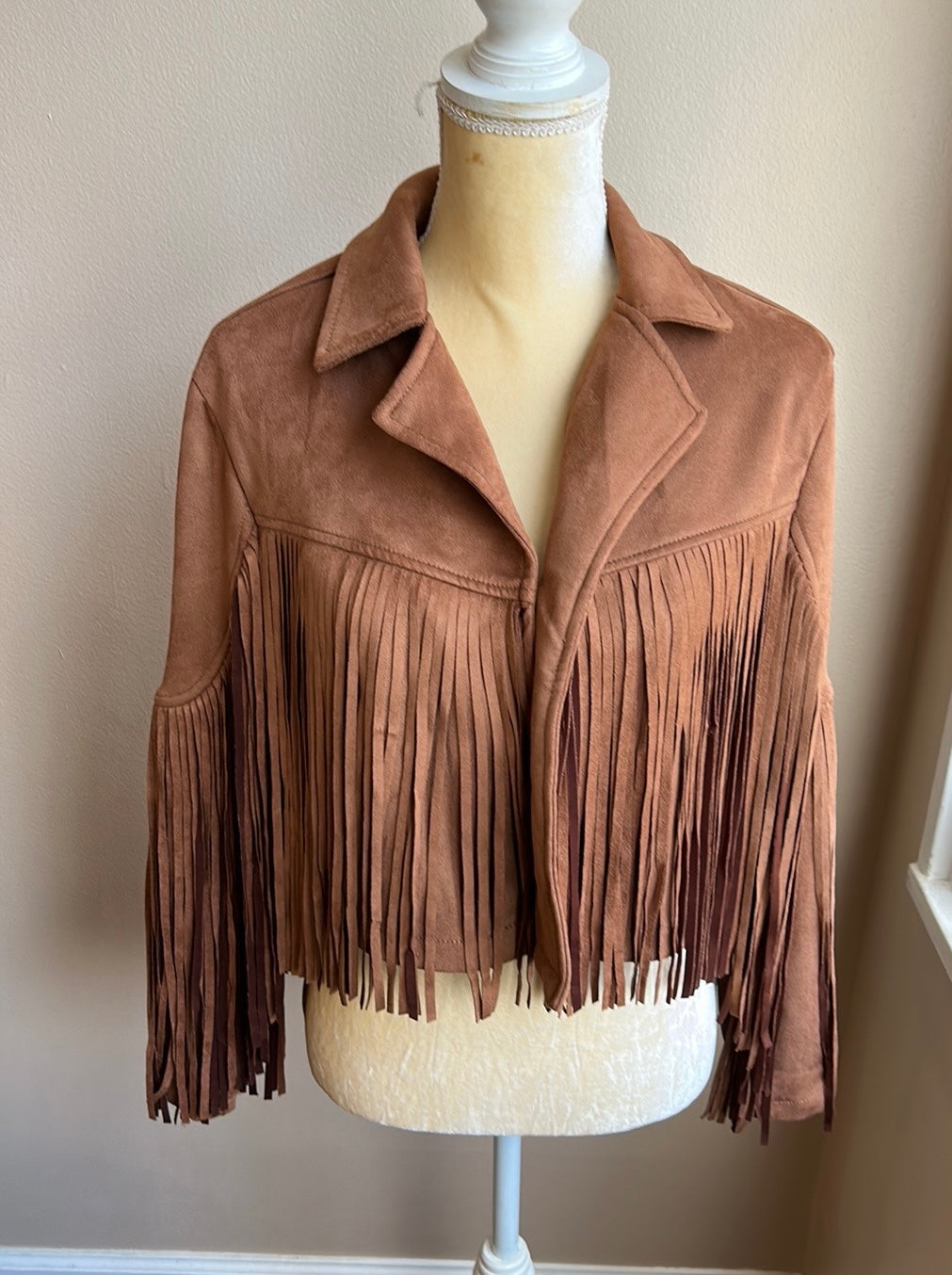 Sincerely Jules Womens Fringed Midwest style Jacket Sz XS New suede look Tan