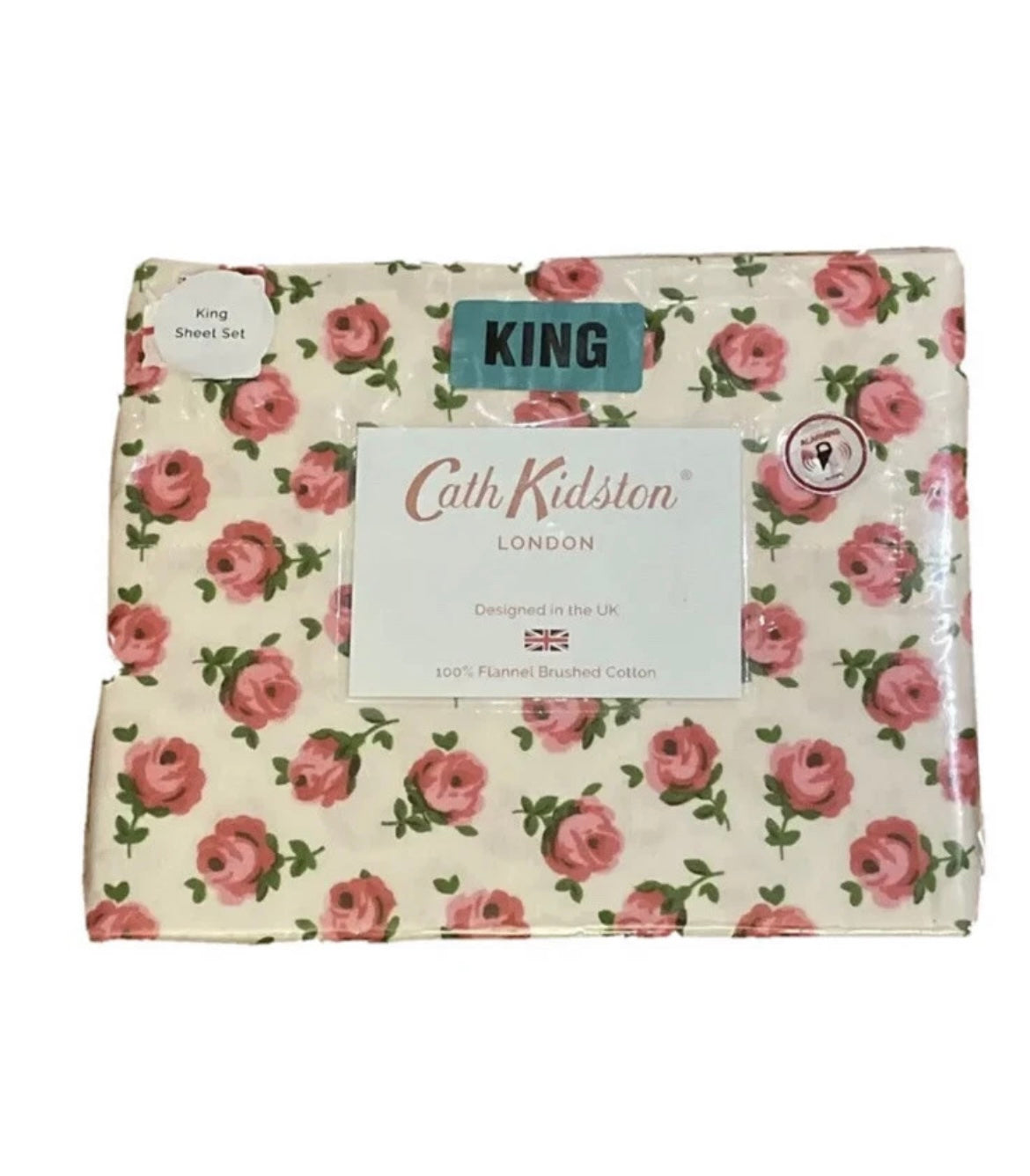 Cath Kidston King Sheet Set Button Rose Raspberry 100% Flannel Brushed Cotton