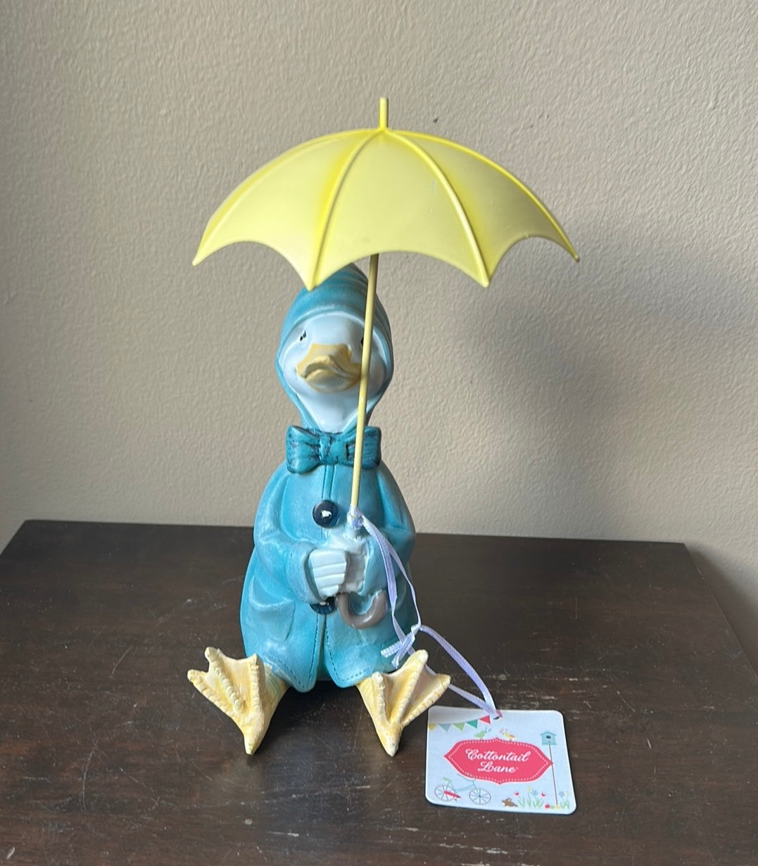 Cottontail Lane Easter Duck Figurine With Umbrella Raincoat New