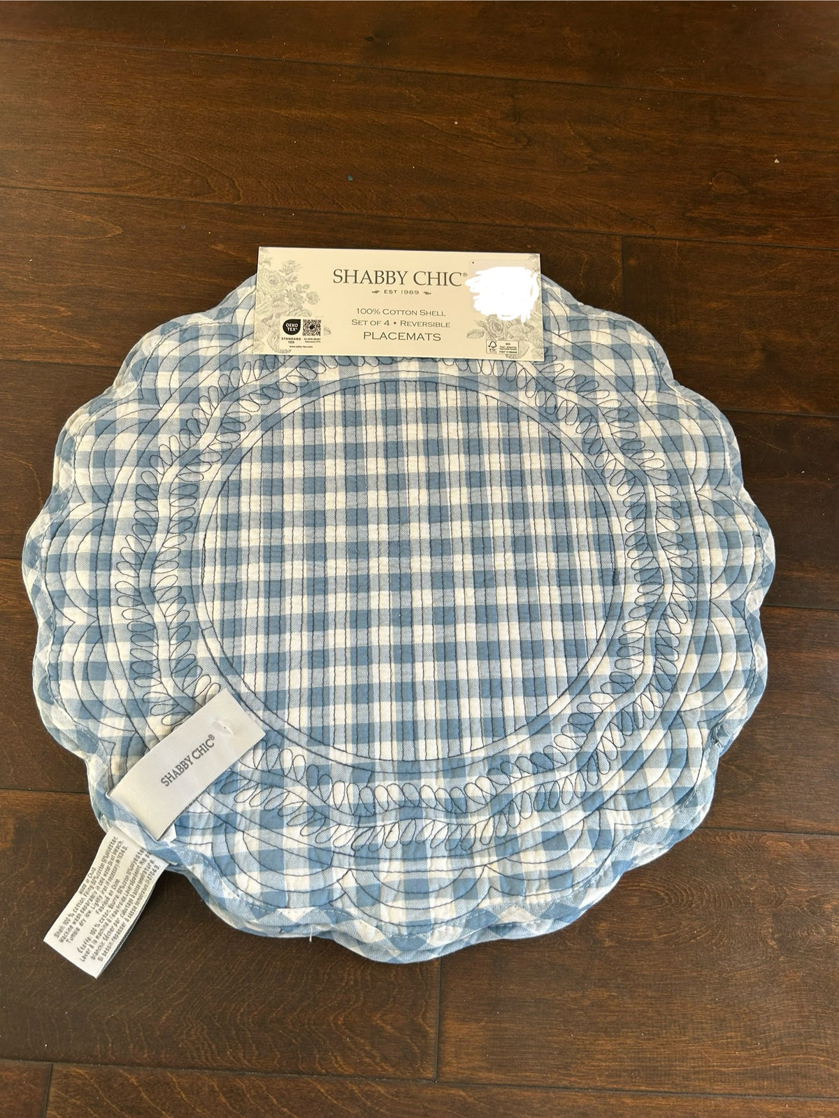 Shabby Chic 4 Scalloped Gingham Reversible Plaid Blue Quilted Placemats New