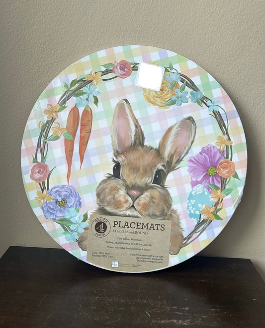Benson Mills Set Of 4 Cork Placemats New Easter Bunny Carrots Floral Round