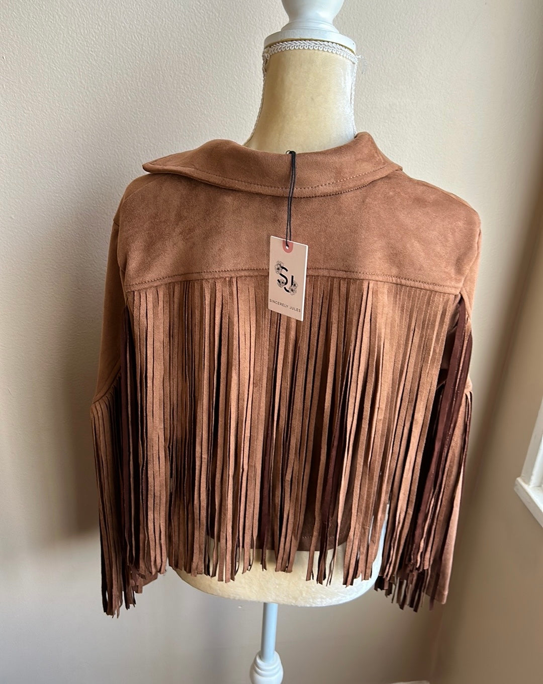 Sincerely Jules Womens Fringed Midwest style Jacket Sz XS New suede look Tan