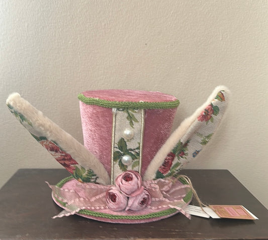 New Madhatter Theme Fabric Decorative Hat With Bunny Ears Easter 6.5” Tall