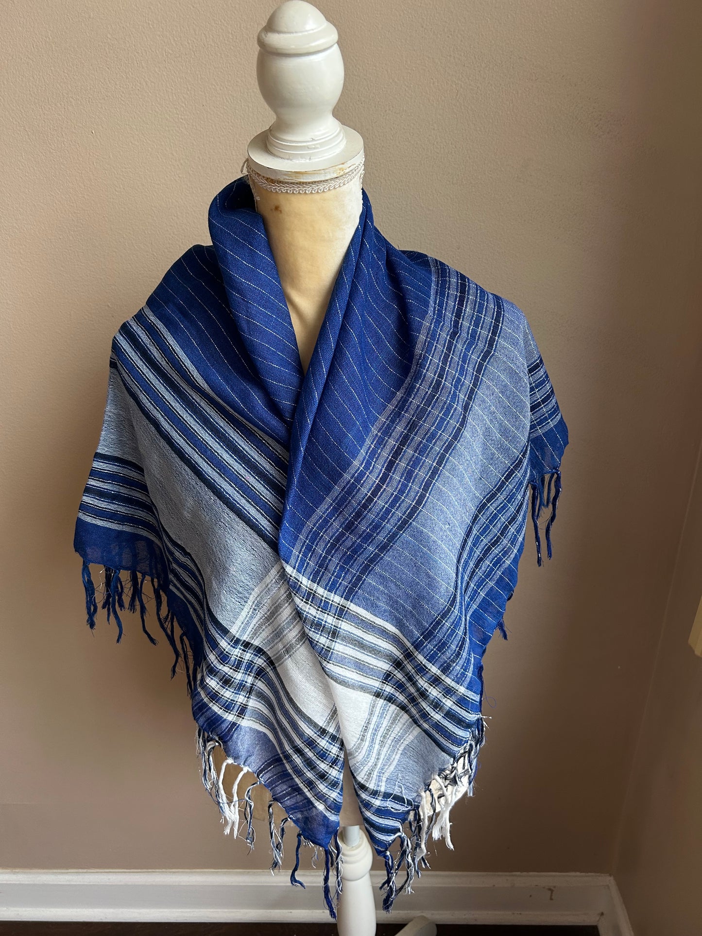 New Womens Scarf Blue White Plaid Lurex 5000-3102