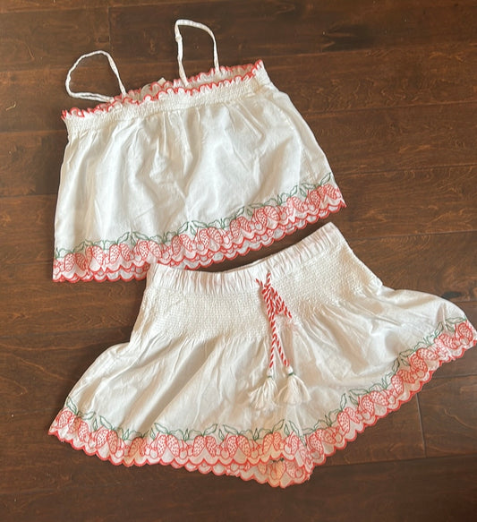 Joie Womens Embroidered Pajama Set Shorts Top New Cotton Strawberry Cherry