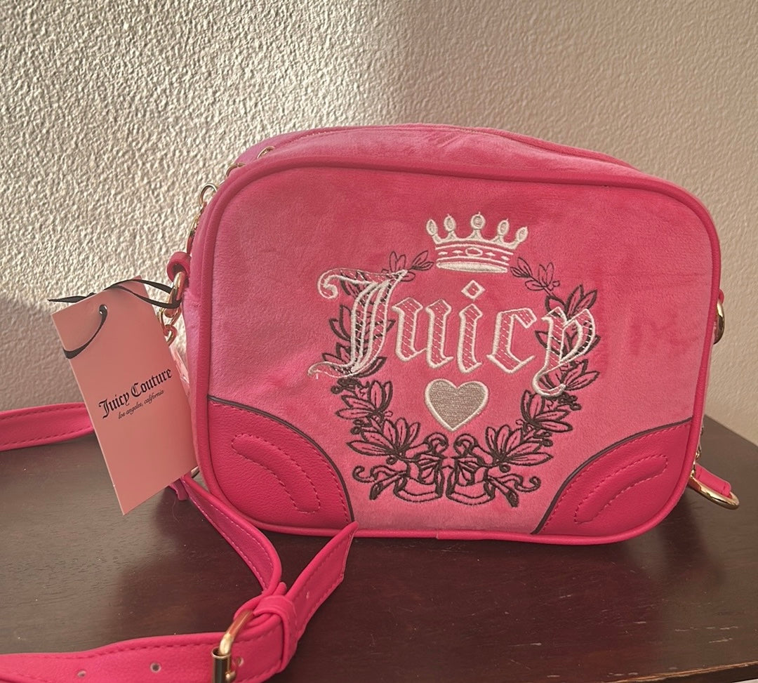 Juicy Couture Pink Flash Heritage Crossbody Bag Pink Velour NWT Crown Heart