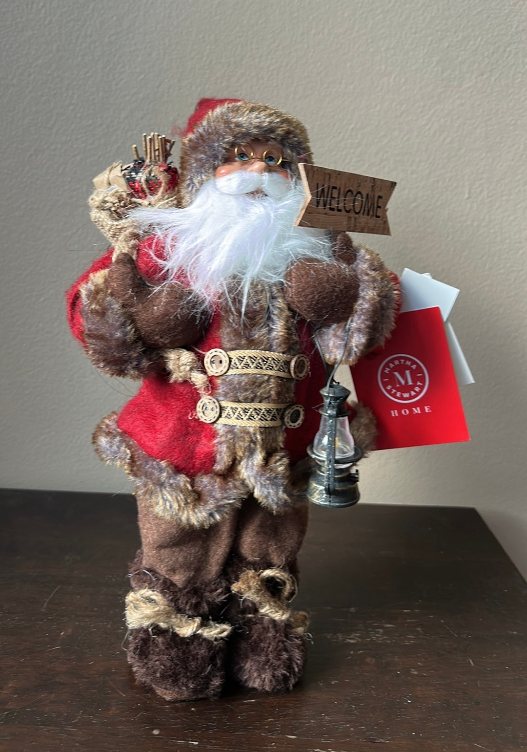 Martha Stewart Santa Wearing Fur Coat Holding Jute Gift Bag New 12.5” Christmas