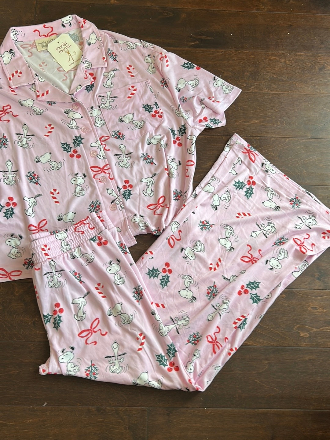 Munki Munki Snoopy Peanuts Pajama Set Womens New Christmas Holly Berry