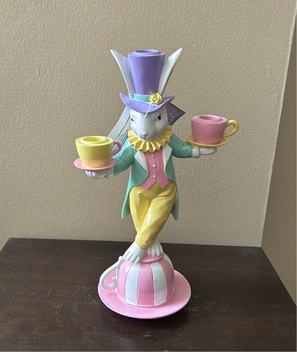 NWT Tophat & Tail Mad Hatter Easter Bunny Cups On TeaCup Candelabra 12”