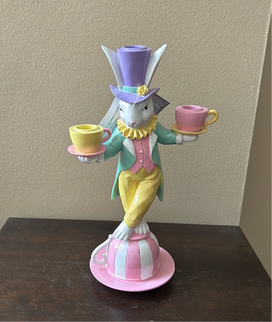 NWT Tophat & Tail Mad Hatter Easter Bunny Cups On TeaCup Candelabra 12”