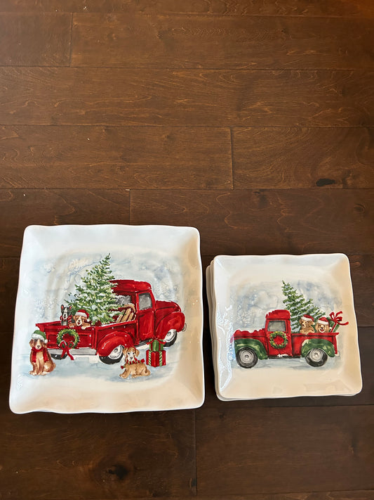 Maxcera Dinnerware Set Ceramic Square Scalloped Christmas Tree Red Truck New