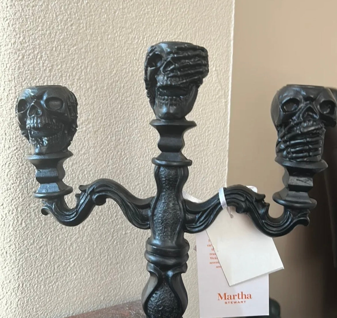 Martha Stewart BLACK Halloween Skull  Gothic Candelabra NWT 11.5” Tall