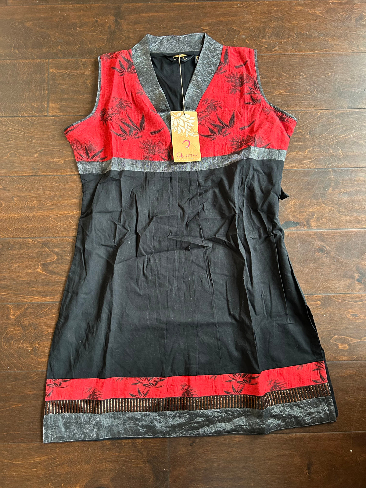 New Women’s Indian Kurti Top Sleeveless  Black Multicolor Ethnic Sz L