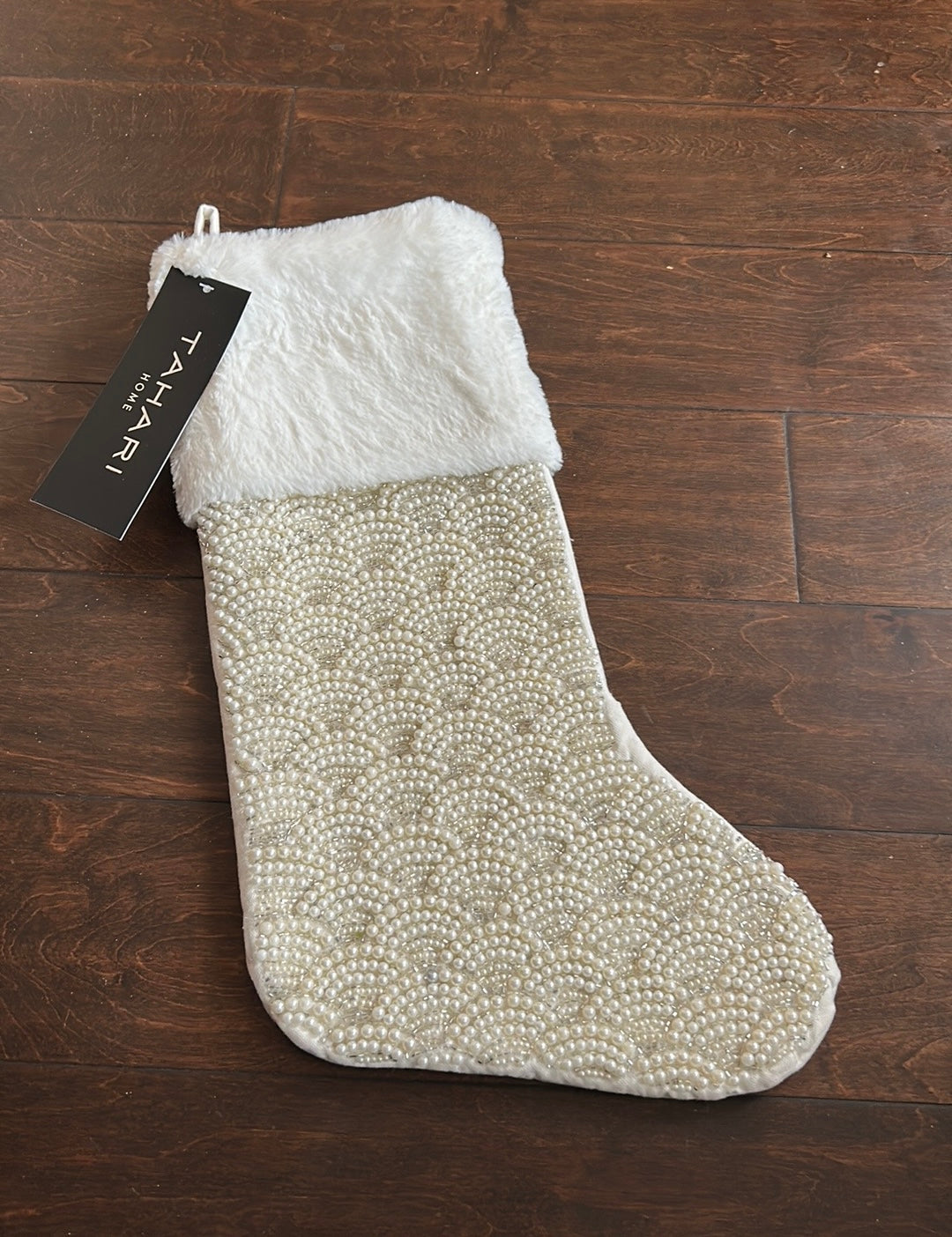 Tahari Beaded Stocking Christmas Faux Fur 22” New Ivory
