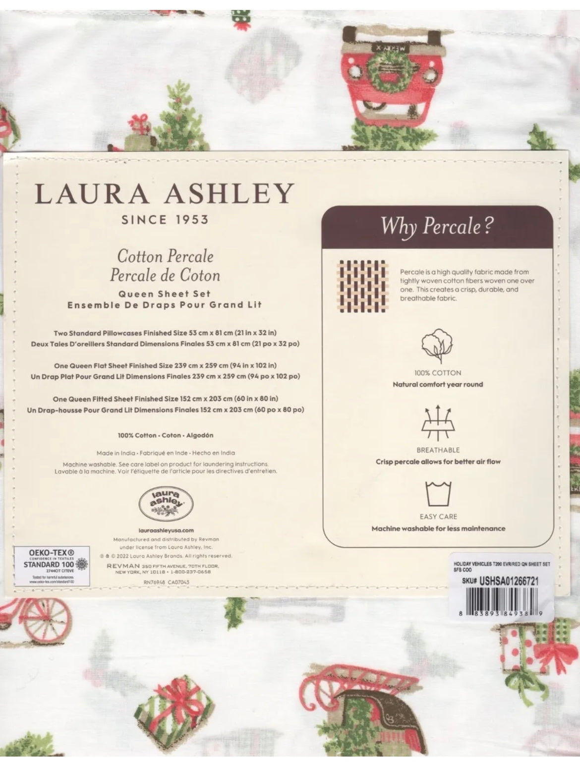 Laura Ashley Queen Sheet Set Holiday Vehicles Evergreen Cottage Farmhouse 4 Pc