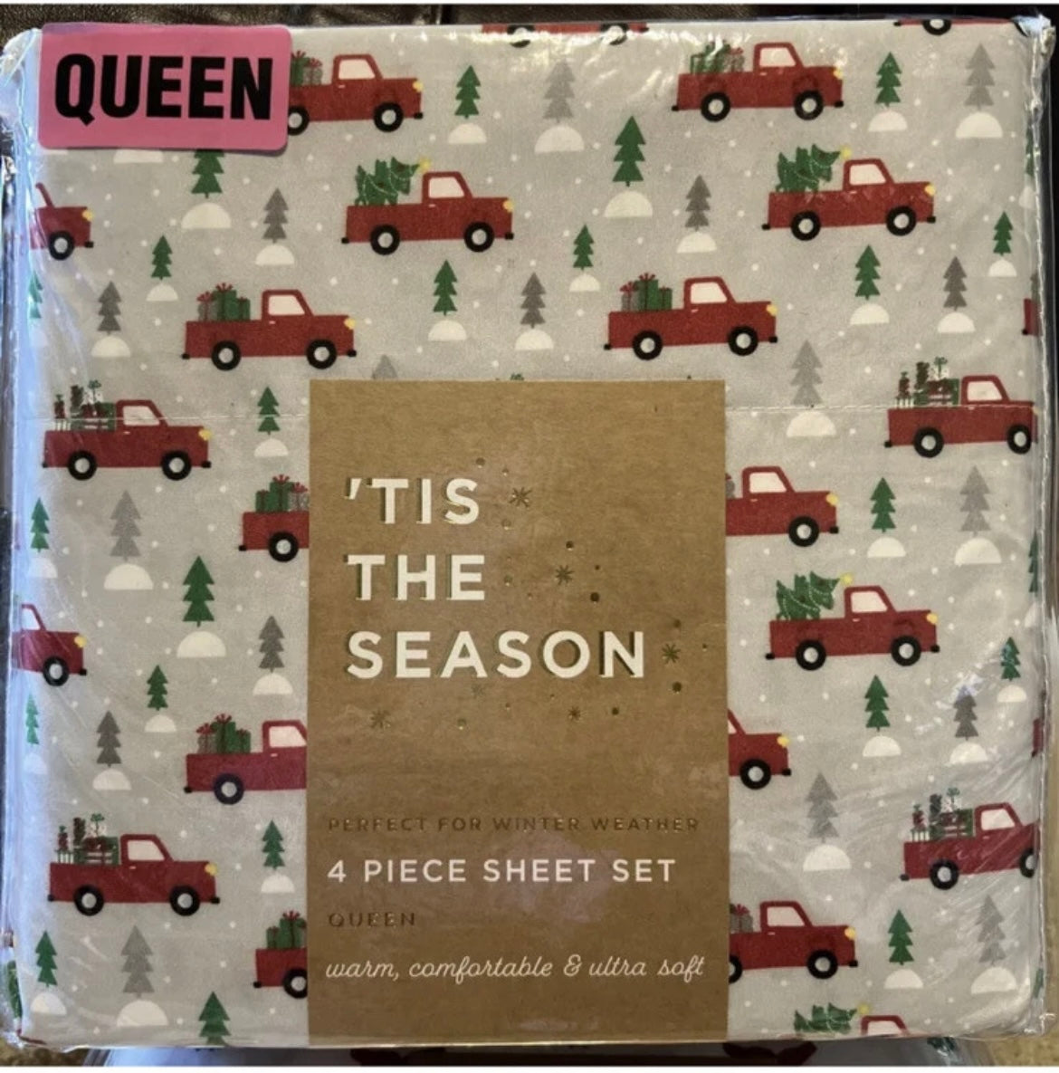 New Tis the Season 3 Piece Queen Christmas Tree Holiday Red Truck  Bed Sheet Set