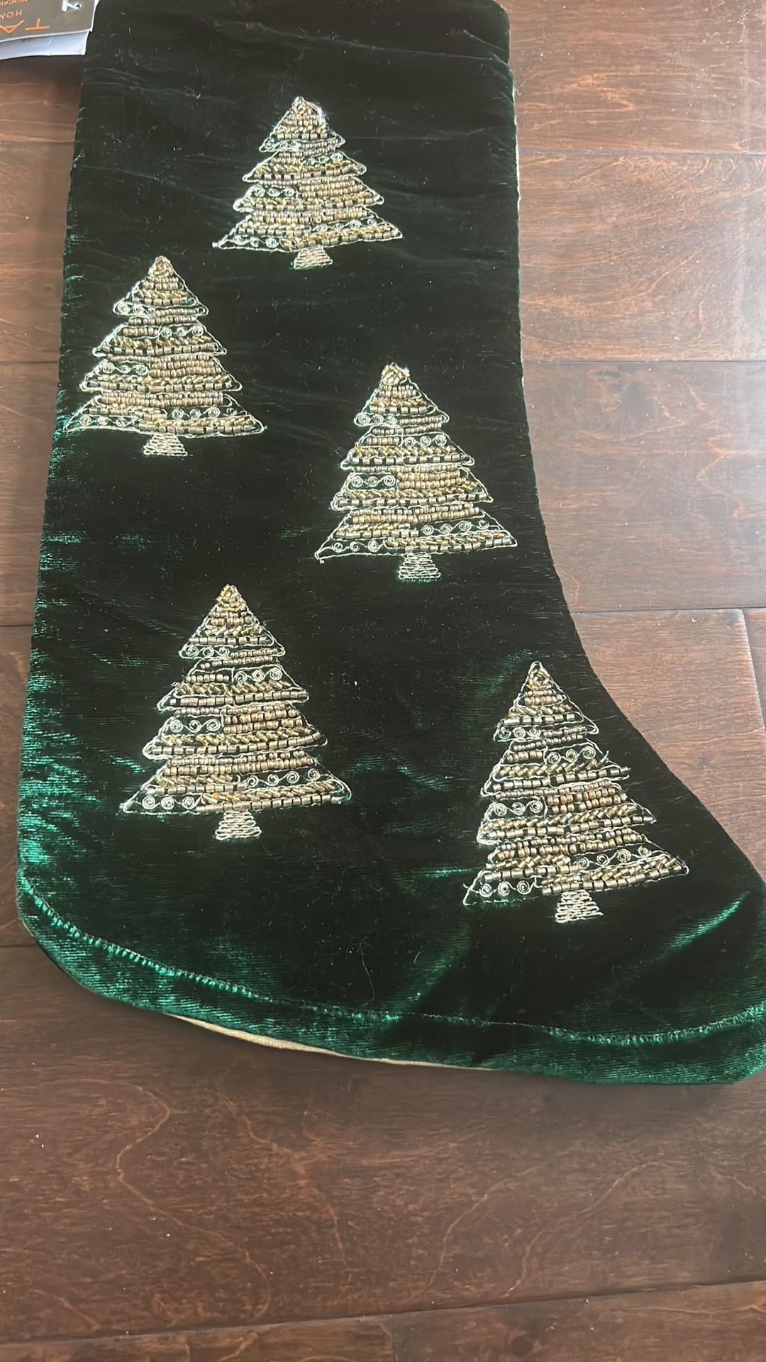 Tahari Beaded Stocking Christmas Trees Green Velvet 22” New Beaded