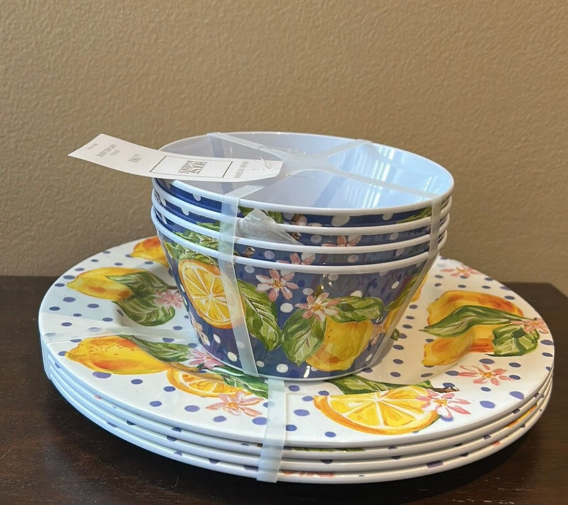 House & Garden Lemon Polka Dot Print Melamine Dinner plates  & Bowl 8 Pc Set New