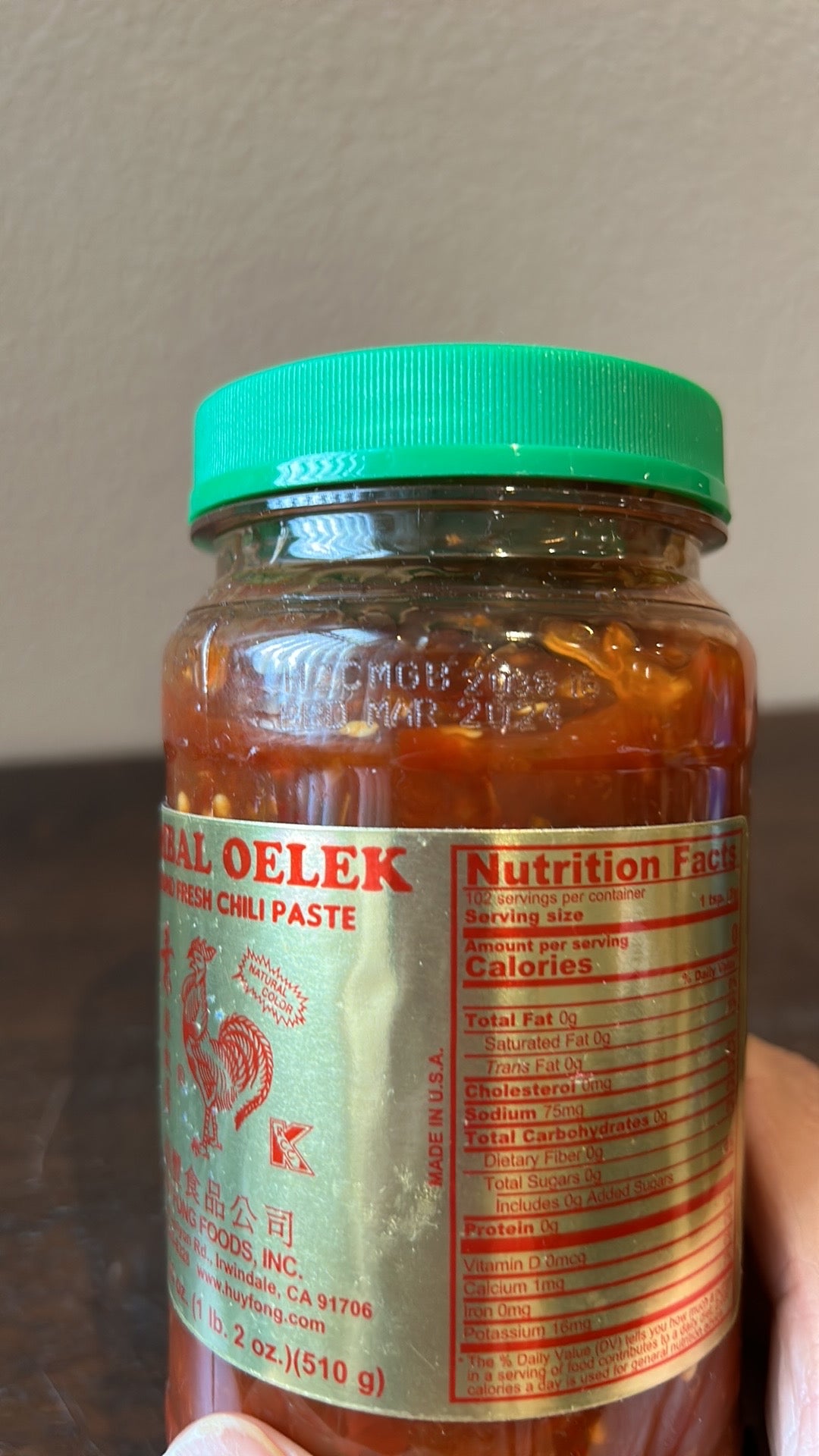 Original Formula huy fong sambal oelek ground fresh chili paste 18 Oz Exp 03/24