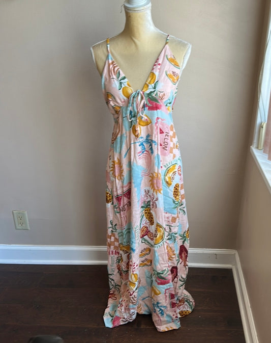 Paper Heart Womens Linen Blend   Dress Sz L Fruits Palm Trees New Tropical