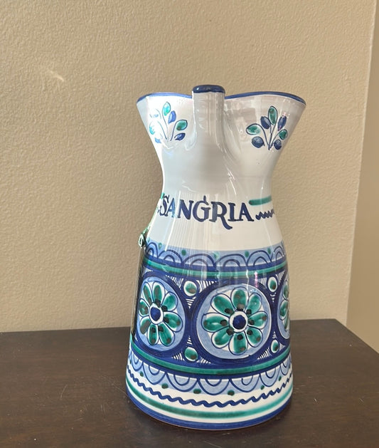 Ceramica Blue De La Cal Sangria Pitcher Pottery Hand Painted Spain blue White