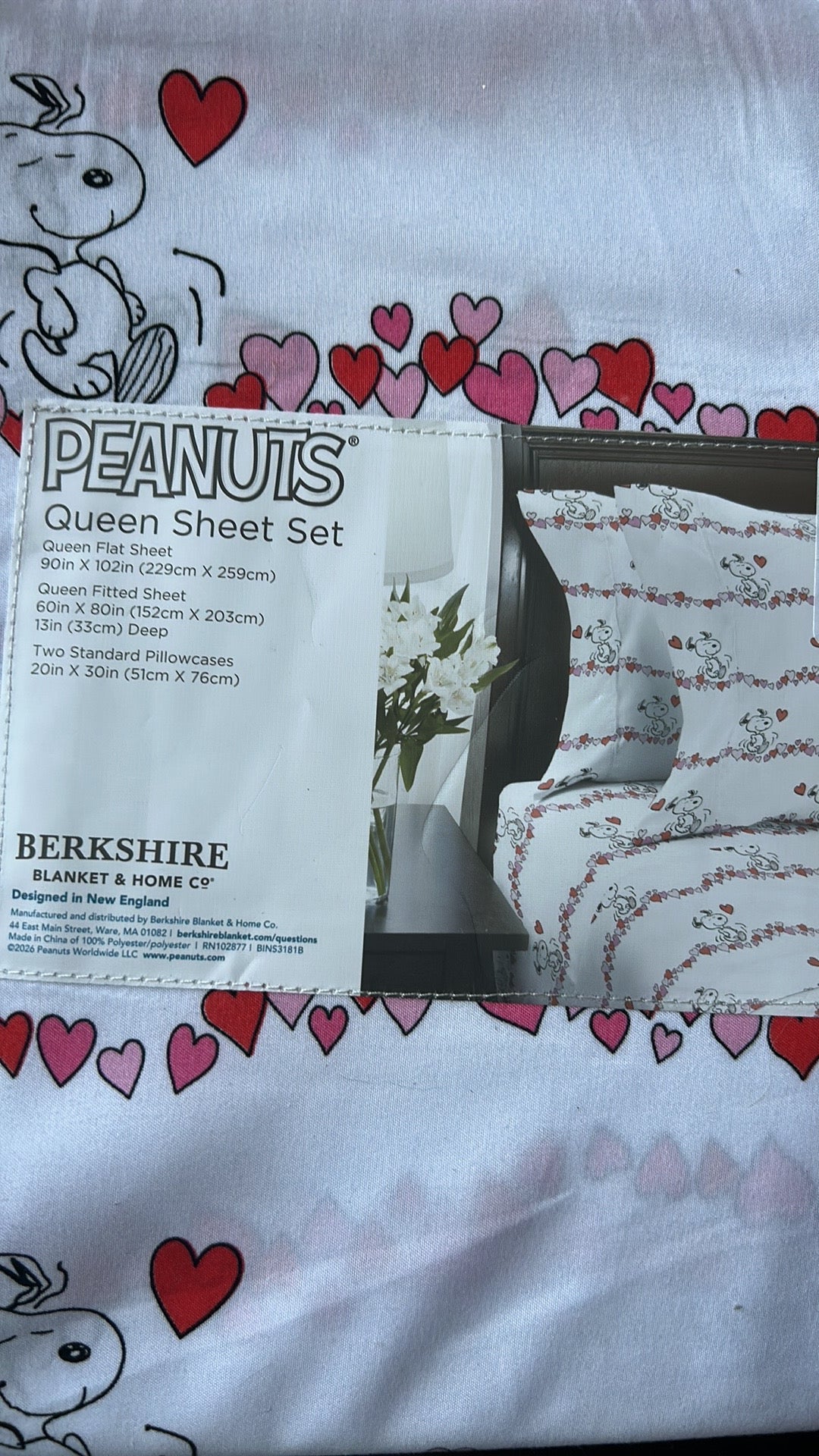Snoopy Queen Sheet Set Valentines Day Red Pink Hearts New Love