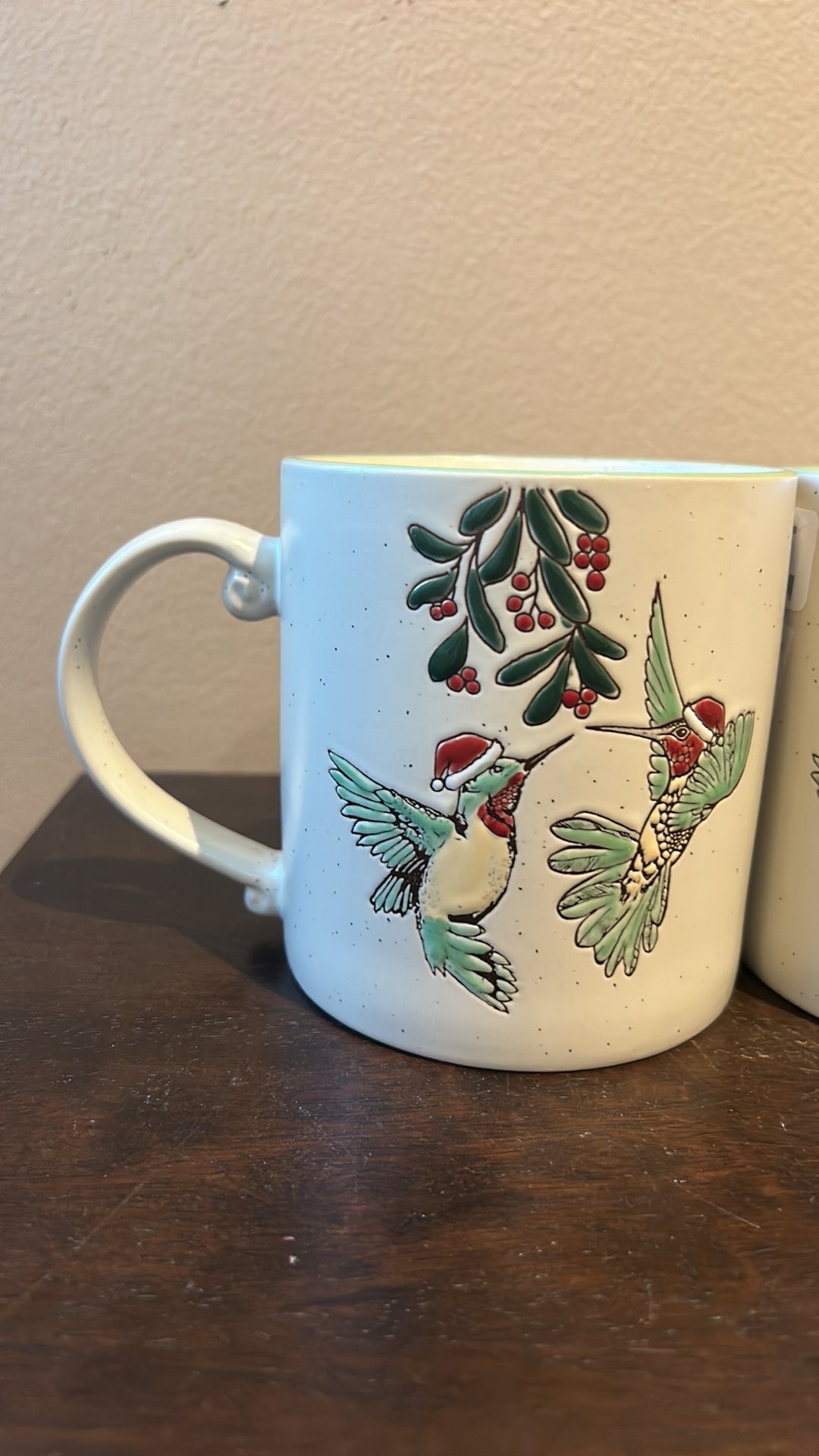 Eli & Ana Christmas Holly Hummingbird Santa Hat Mugs Set of 2 New