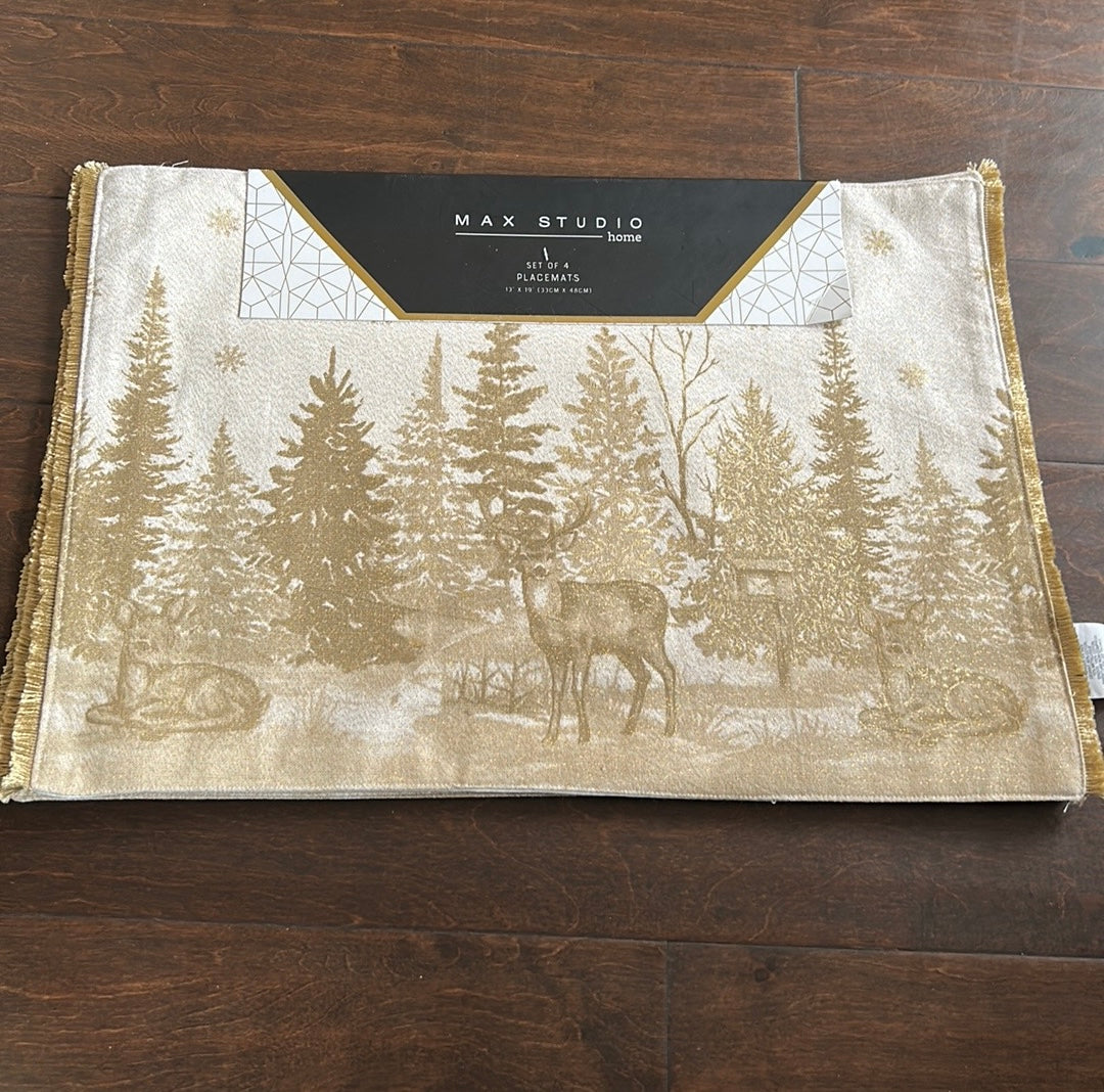 4 Max Studio Home Christmas Reindeer Evergreen Trees Placemats Beige Gold New
