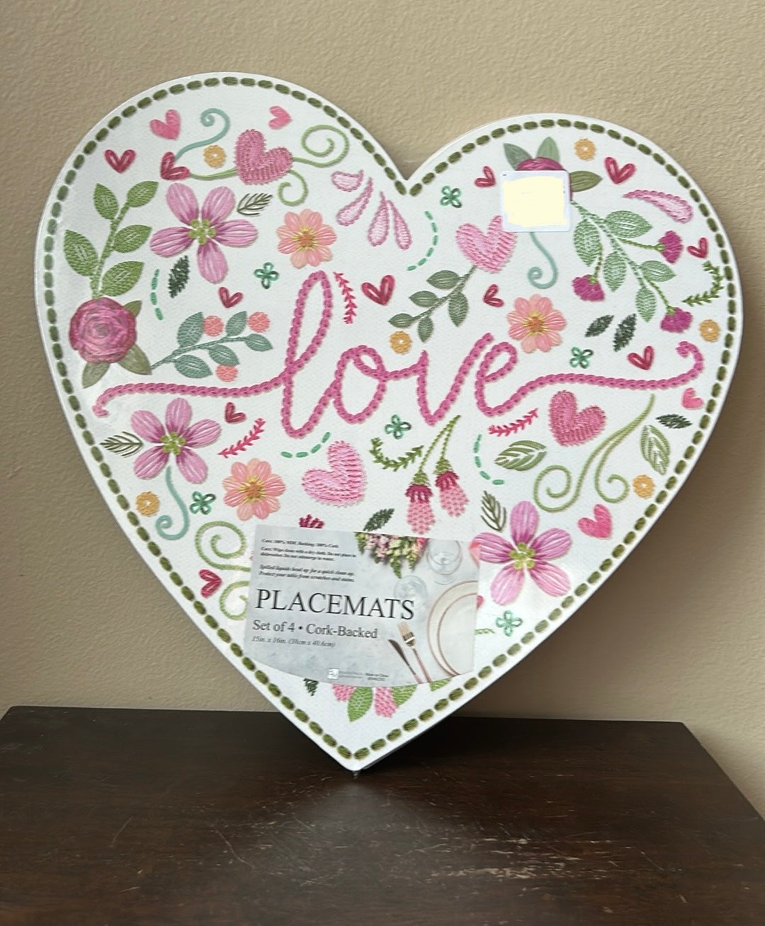 Benson Mills Set Of 4 Cork Heart Shaped Placemats Valentines Day Love Floral New