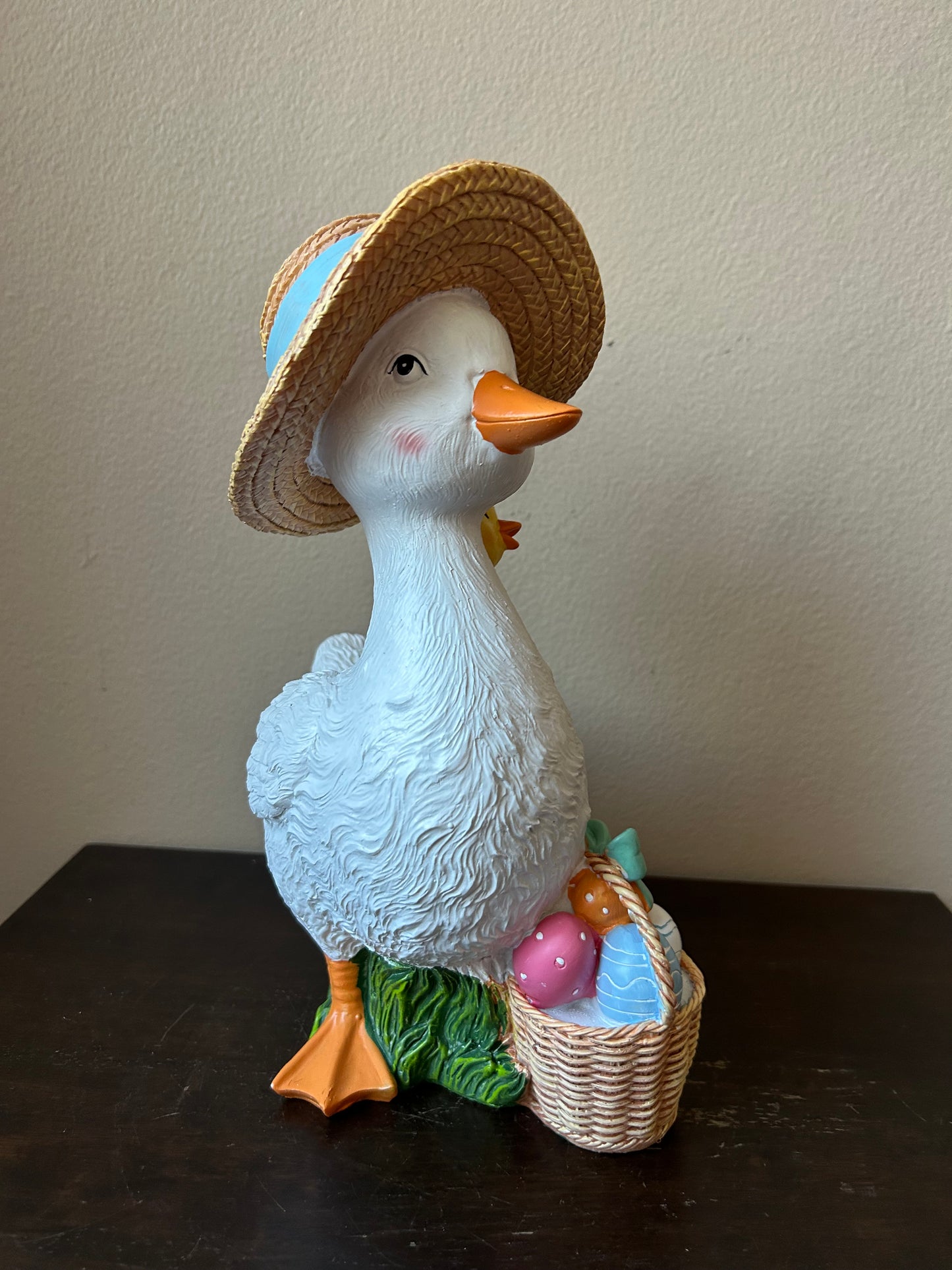 New Easter Duck Wearing Straw Hat With Easter Egg Basket Figurine 11” Tall