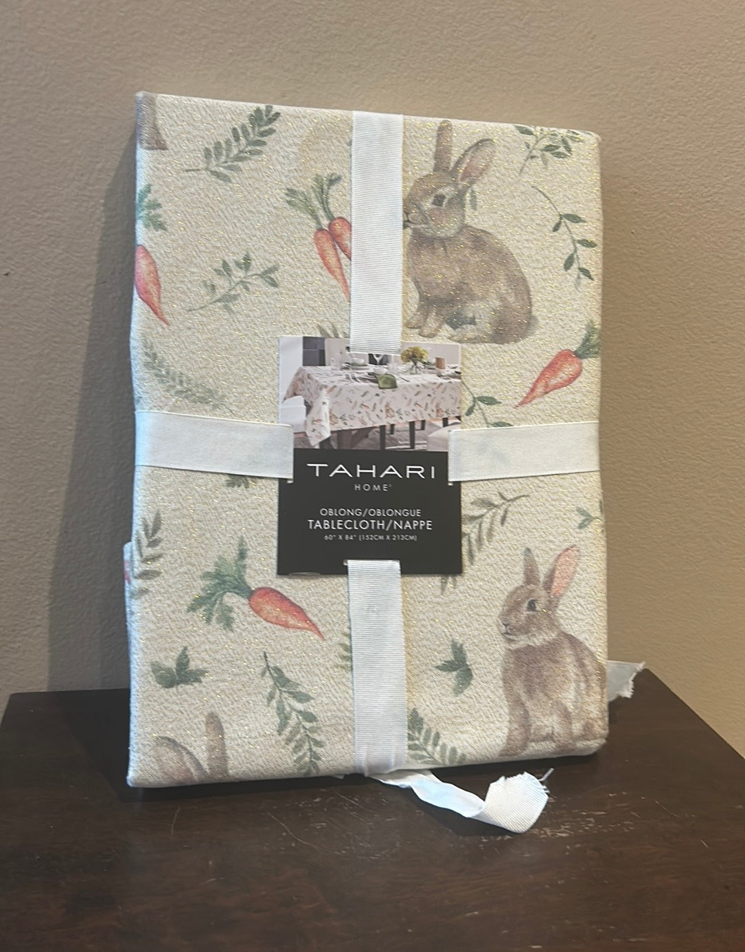 Tahari Easter Tablecloth New 60”x 84” Cotton Spring Floral Shimmery Bunny Carrot