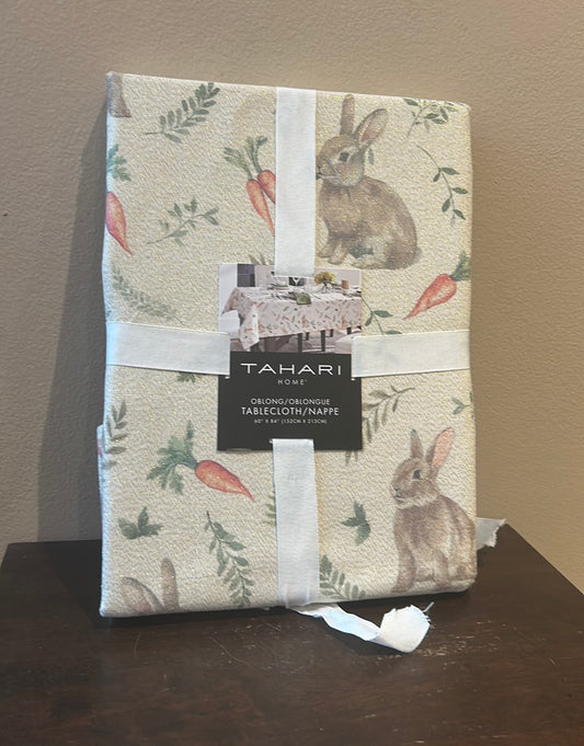 Tahari Easter Tablecloth New 60”x 84” Cotton Spring Floral Shimmery Bunny Carrot