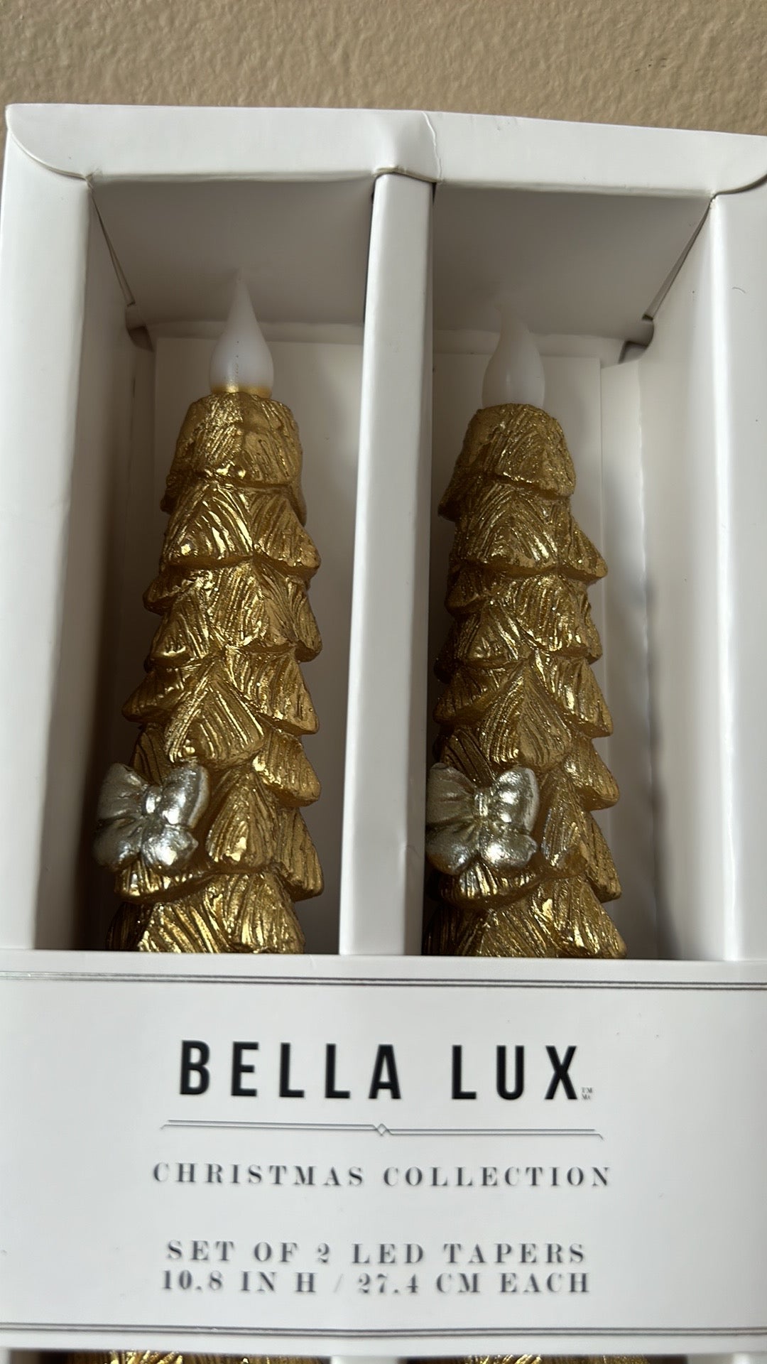 Bella Lux Flameless Taper Candles 2 Pcs LED Christmas Tree Bows 10.8” Gold