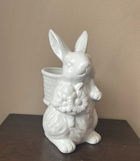 Hip Hop Bunny Rabbit With Basket Vase easter Decor Figurine 11.5” Tall Ceramic