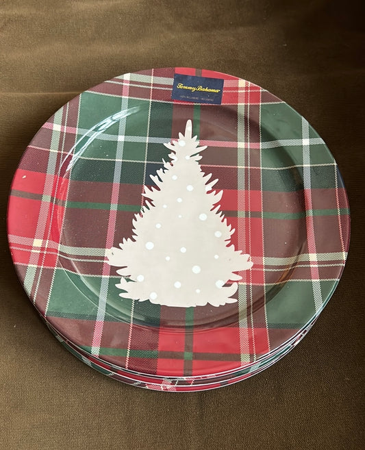 Tommy Bahama Melamine Set Of 6 Dinner Plates 11” Tartan Plaid Christmas Tree