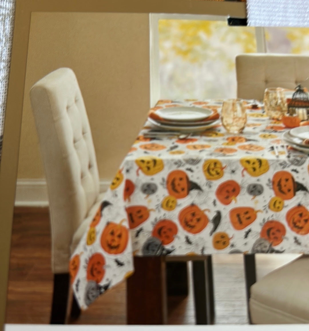 Cupcakes & Cashmere Halloween Tablecloth Pumpkin Crows Spiderweb 70” Round