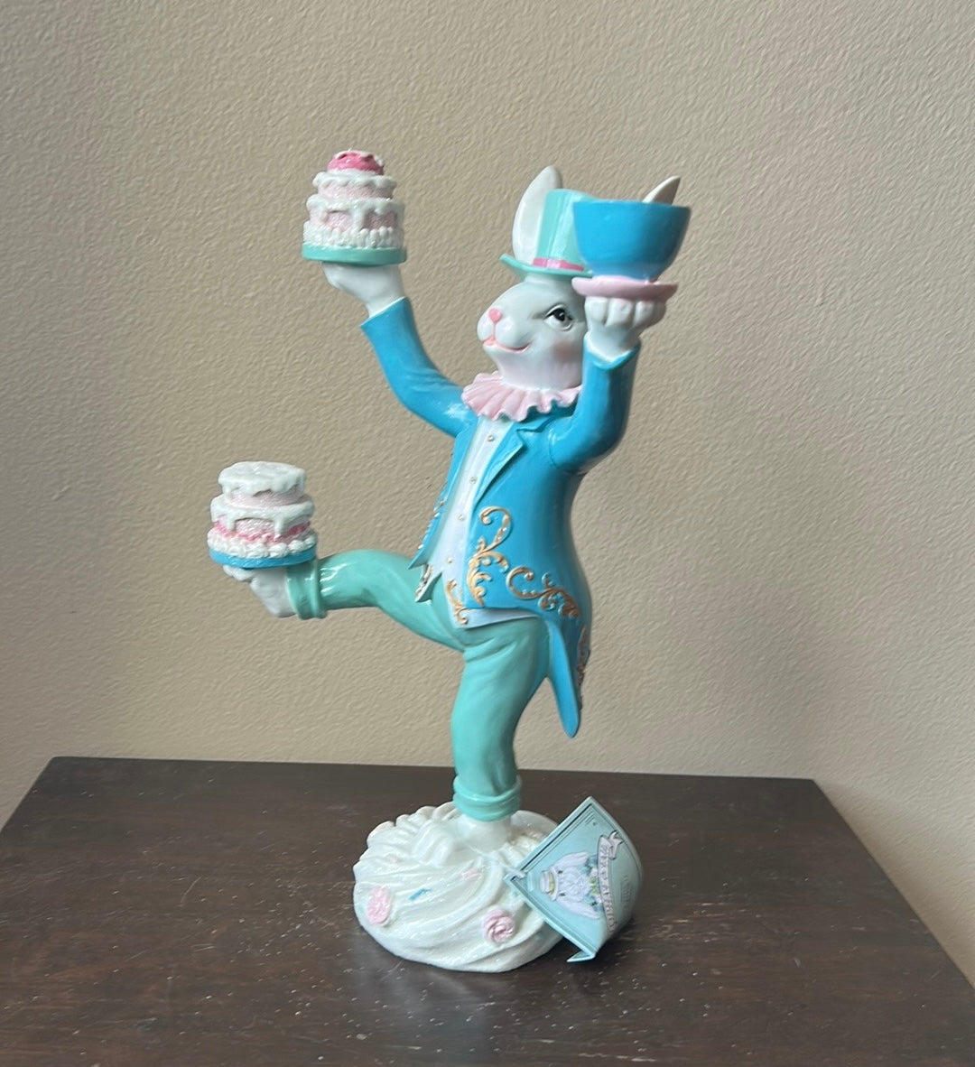 Tophat & Tail New Bunny Figurine With Teacup Cake 12.5” Tall Madhatter