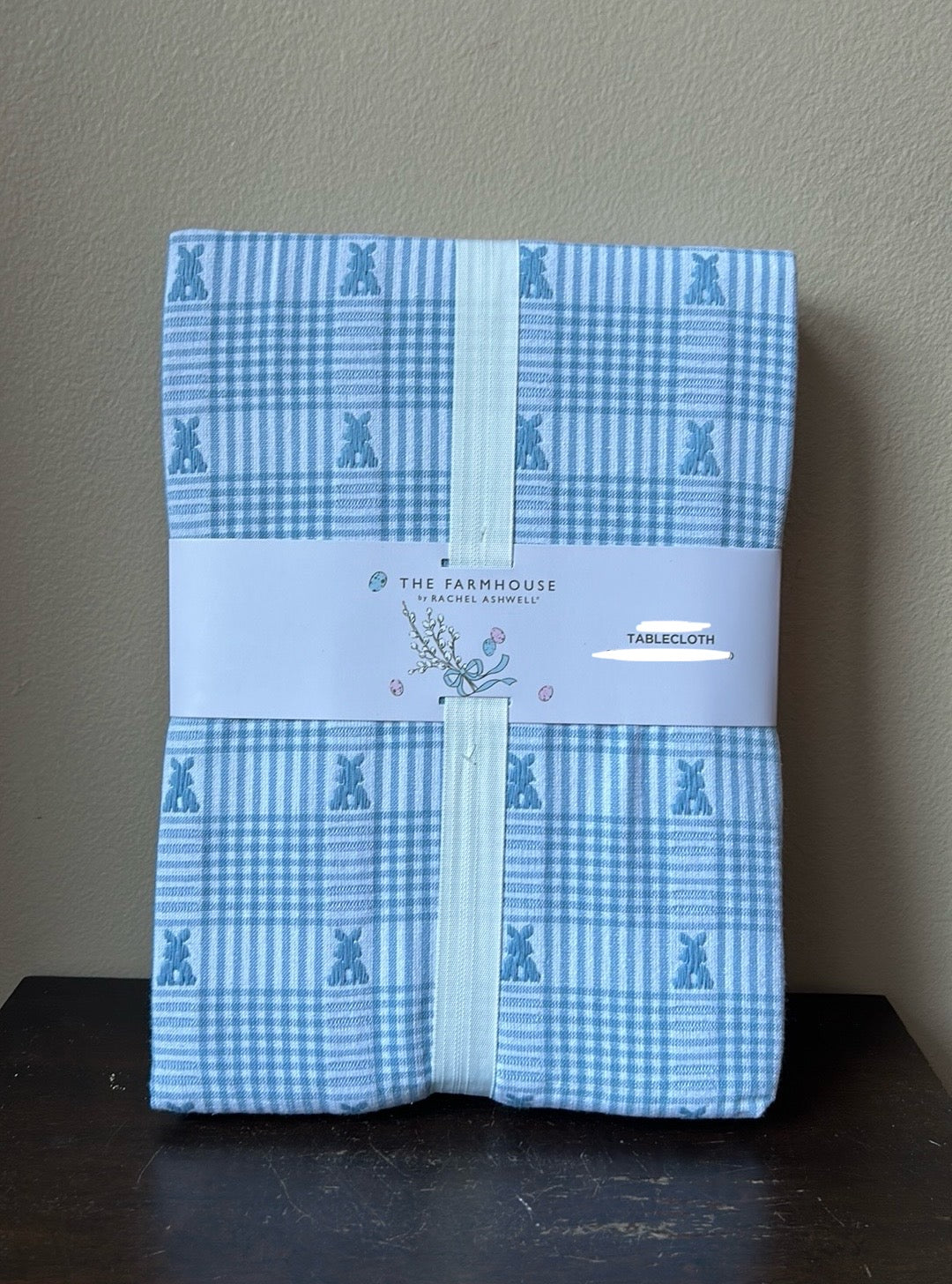 Rachel Ashwell Tablecloth New Easter Blue Bunny Plaid Spring 60”x120” Oblong